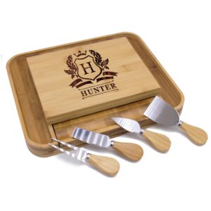 The Wedding Party Store Personalized Premium Charcuterie Cheese Board Tray Set with Spreader Utensil Tools with Any Name (Bamboo - Name Initial Style)