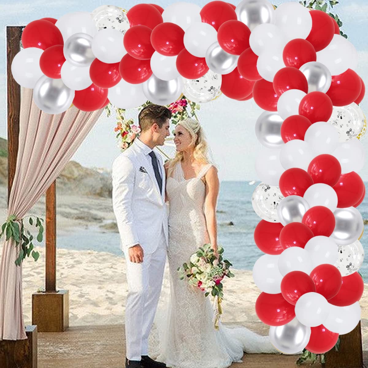 Red White Silver Balloon Garland Arch Kit, 122PCS Red White Balloons Metallic Silver Balloons for Women Brithday Wedding Anniversary Engagement Bridal Shower Happy New Year Christmas Party Decorations