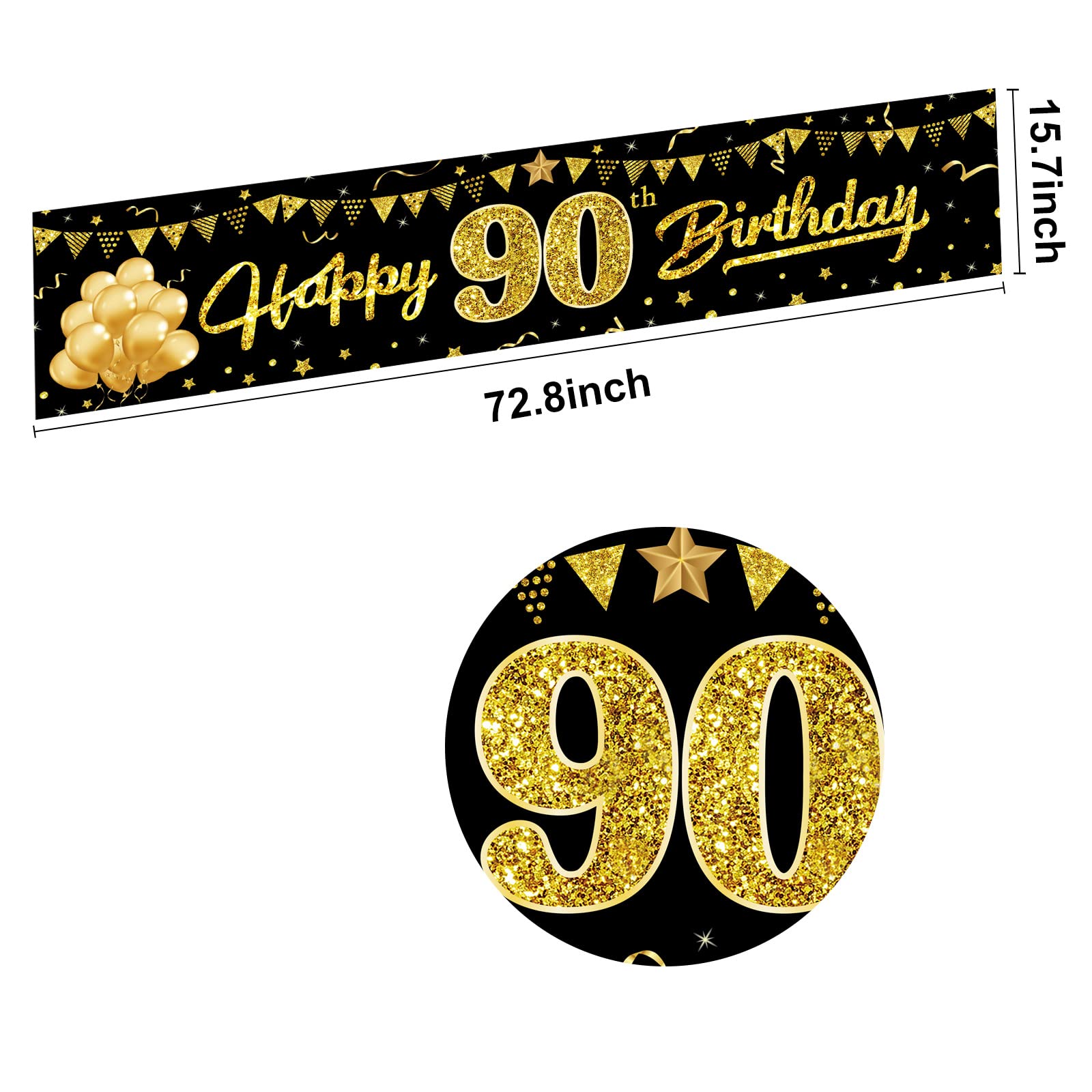 Yoaokiy Happy 90th Birthday Banner Decorations for Women Men, Black Gold 90 Birthday Yard Banner Party Supplies, 90 Year Old Bday Theme Party Sign Decor for Outdoor Indoor