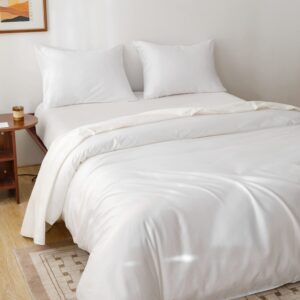 HeimenAogo Egyptian Cotton Duvet Cover Queen Size Sateen Weave, Silky Soft and Breathable Bedding Set with Zipper Closure, Long Staple Cotton Bed Linen Pure White 3Pcs (90"×90")