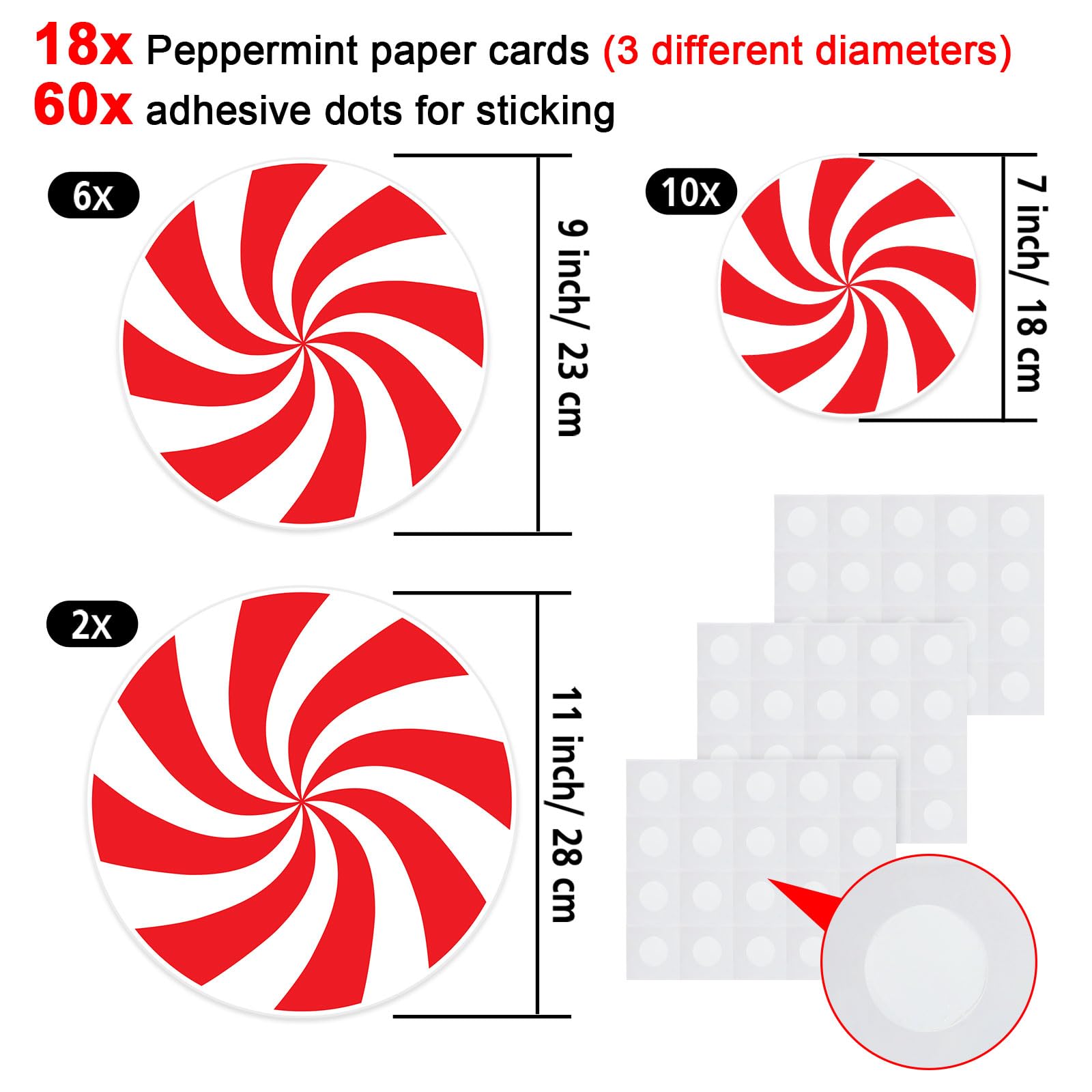 18 Pieces Peppermint Candy Cutouts Christmas Candy Cutouts Cardboard with Glue Point Dots for Winter Bulletin Board School Classroom Christmas Party Home Decoration Supplies, 3 Sizes