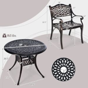 Tangkula 3 Pieces Cast Aluminum Patio Bistro Set, Outdoor Bistro Table Set with Umbrella Hole, Outdoor Patio Table and Chairs Furniture for Porch and Balcony