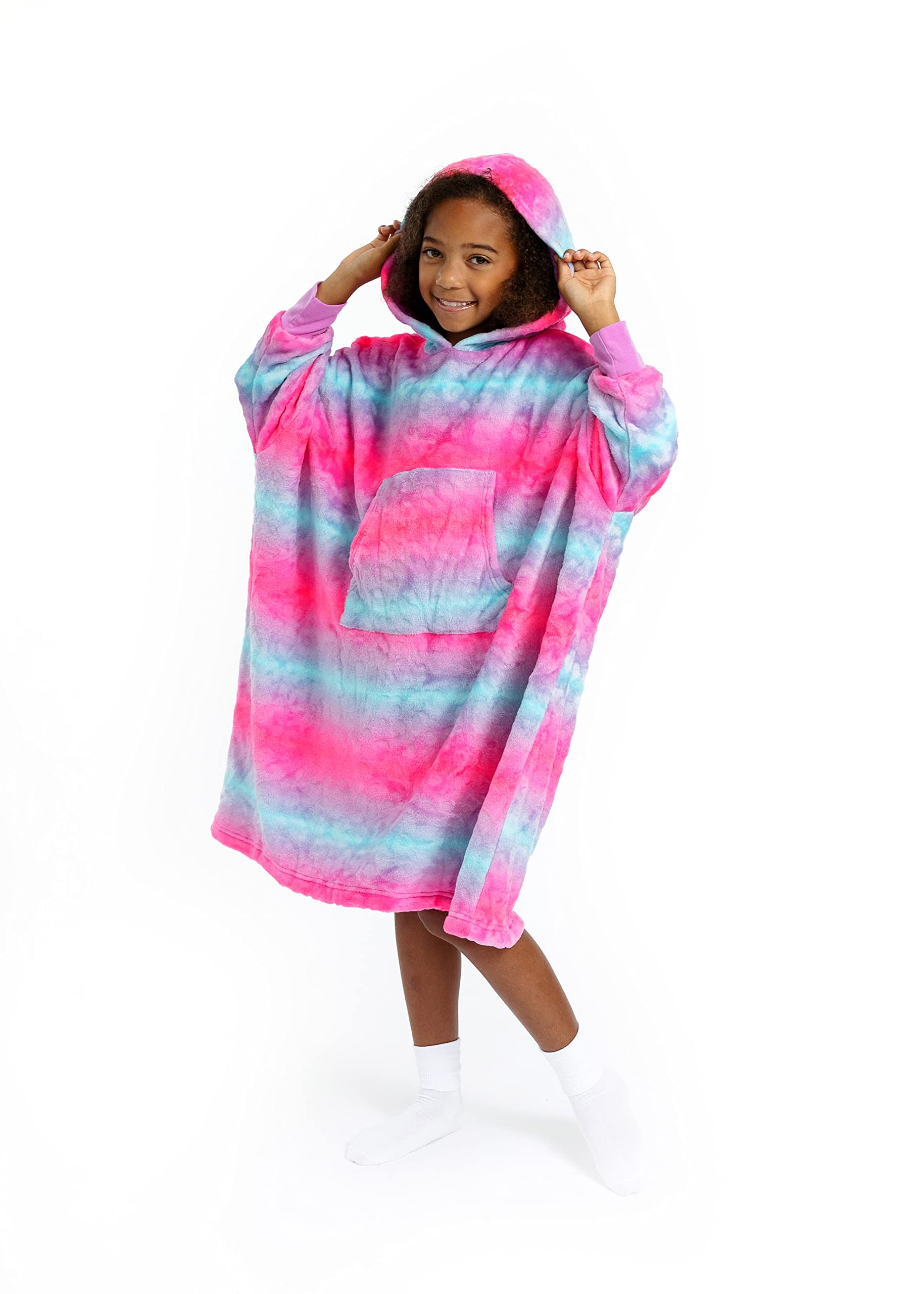 Sleep On It Pajamas Wearable Blanket Hoodie For Kids Oversized Hooded Blanket Sweatshirt for Girls Plush Sherpa Fleece (Pink Ombre, M/L)