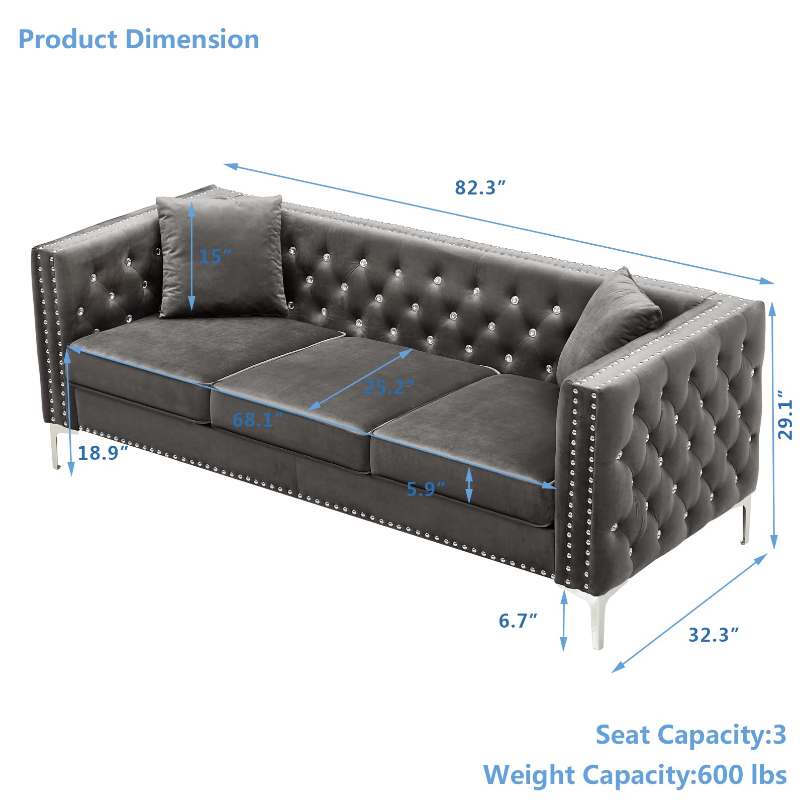 mikibama Velvet Sofa Set, Jeweled Button Tufted 3 Seater Couch and Loveseat with Nailhead Trim and 4 Pillows Square Arm Sofa with Metal Legs for Living Room (Gray)