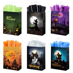 gitmiws 24 pack halloween treat bags with tissue, 8.7'' small halloween goodie gift bags with handle, paper candy bags trick or treat bags for kids halloween party supplies