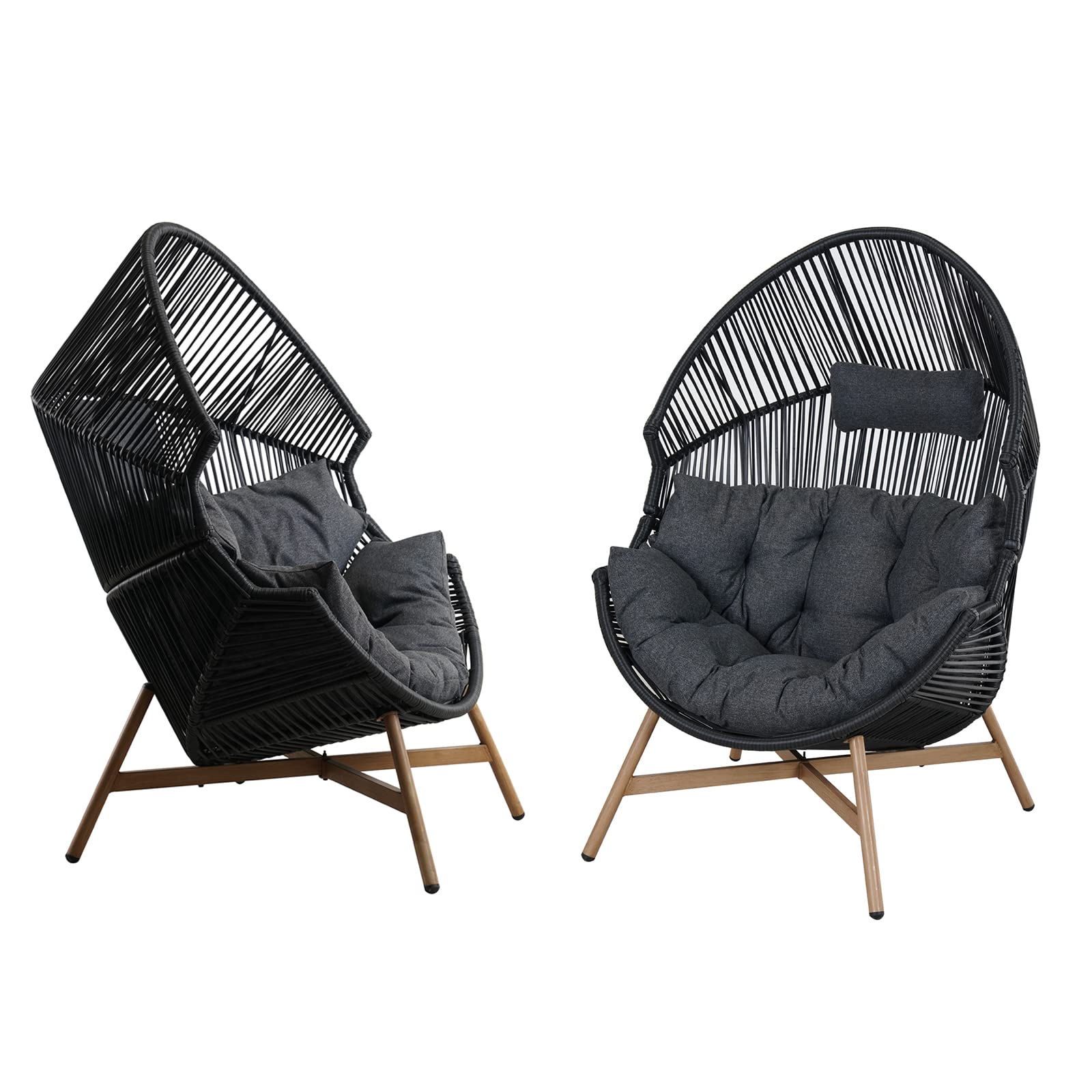 Grand patio Outdoor & Indoor Egg Chair 2PC, PE Wicker Open Weave Wood Grain Finish Oversized Egg Cocoon Chairs with Stand Lounge Chair Comfortable for Front Porch, Living Room, Bedroom (Dark Grey 2PC)