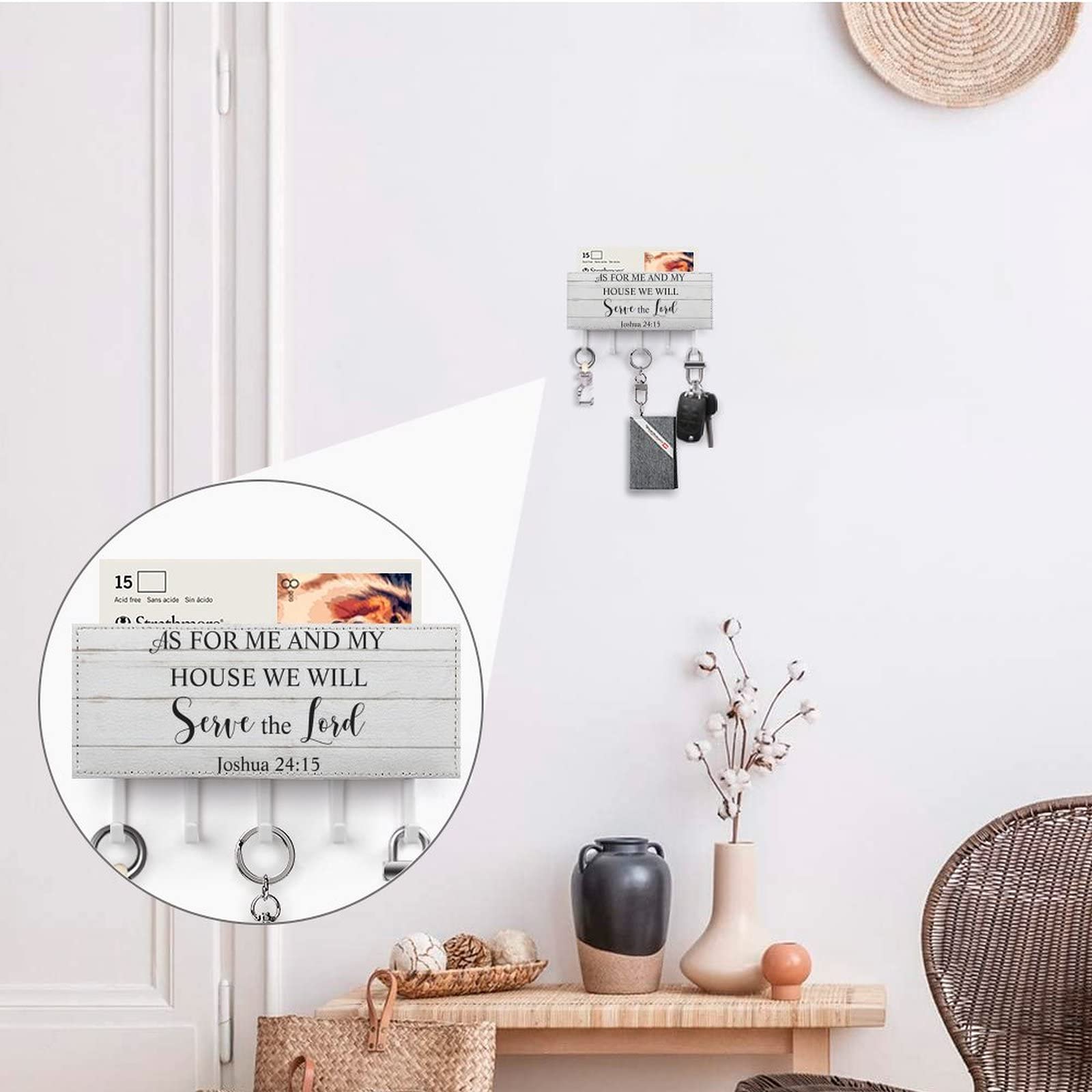 As for Me and My House We Will Serve The Lord Key Holder Wall Mount Key Rack Christian Saying Self Adhesive Key Hanging Rack Rustic Decoration for Entryway Mudroom Hallway Office 7x4 inch