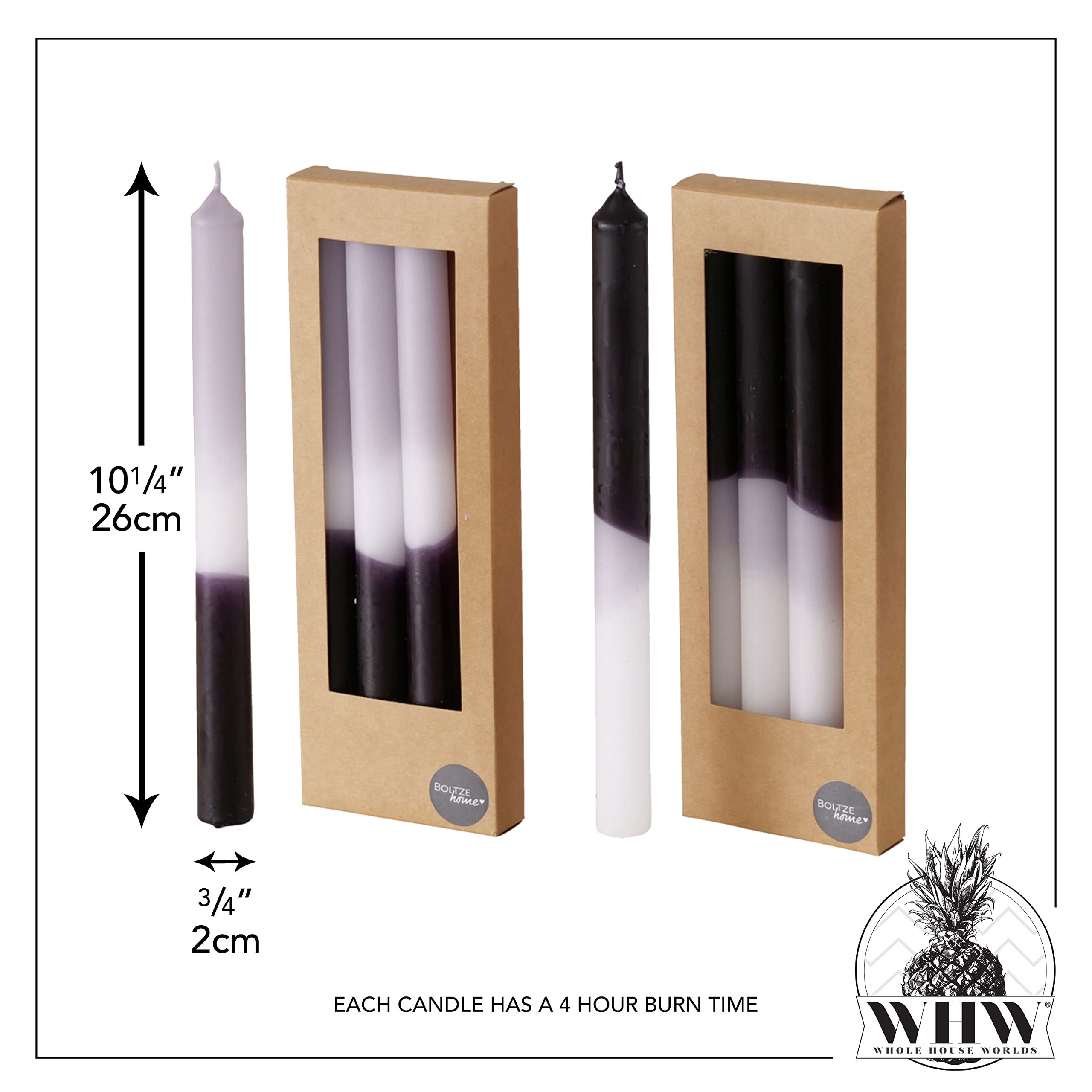 8 Piece Black Grey White Gradient Taper Candles, 2 Boxed Sets of 4, Hand Dipped, Dripless, 7 Hours Burn Time, Paraffin Wax, 7.75 Inches