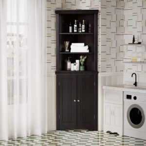 JUMMICO Corner Cabinet, Espresso, with 2 Doors and 3 Tier Shelves, Free Standing, Storage for Bathroom, Living Room, Bedroom or Kitchen