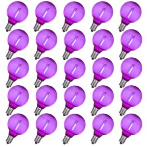 niosta 25 pack g40 led christmas replacement bulbs, clear purple globe light bulbs for outdoor string lights, e12/c7 candelabra base, 0.7w led filament and clear shatterproof plastic material