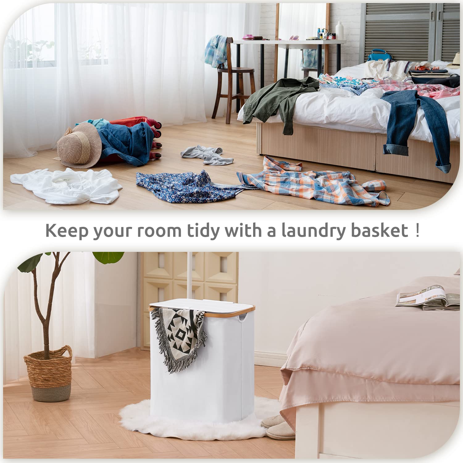 66L Laundry Hamper with Lid and Liner Bag, 19.7" Tall Laundry Basket with Handle, Waterproof and Collapsible Cloth Hamper for Bedroom and Bathroom, White