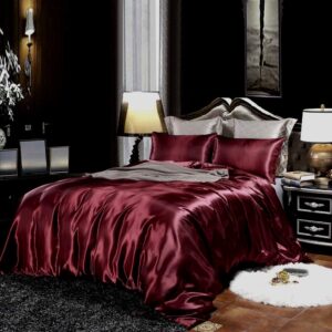 Rajan Linen Oversize King Duvet Cover 4 Piece Satin Oversize King Size Wine Duvet Cover Set (Duvet Cover + Fitted Sheet 19'' + 2 Pillow Cases) Zipper Closure