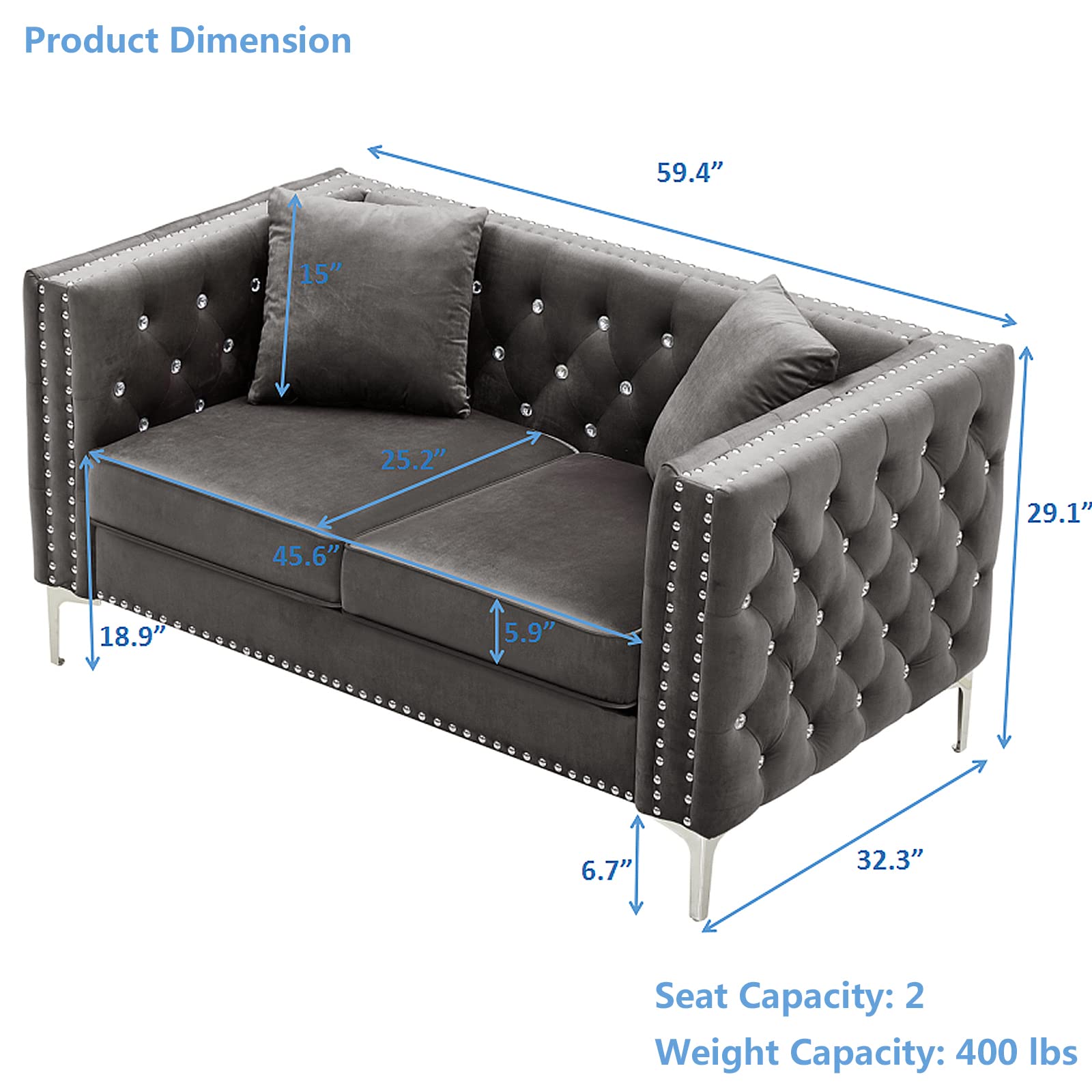 mikibama Velvet Sofa Set, Jeweled Button Tufted 3 Seater Couch and Loveseat with Nailhead Trim and 4 Pillows Square Arm Sofa with Metal Legs for Living Room (Gray)