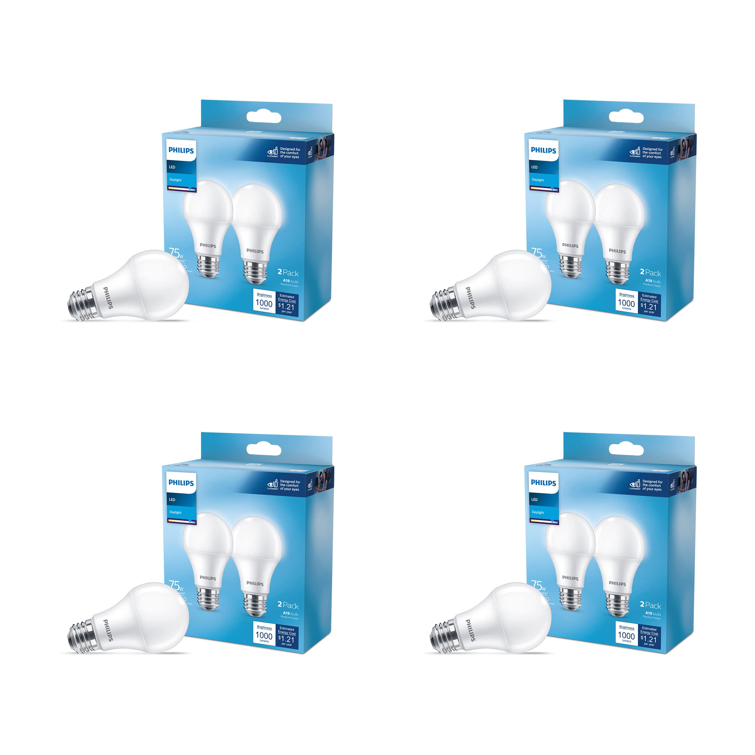 PHILIPS LED Basic Frosted Non-Dimmable A19 Light Bulb - EyeComfort Technology - 1000 Lumen - Daylight (5000K) - 10W=75W - E26 Base - Indoor - 8-Pack