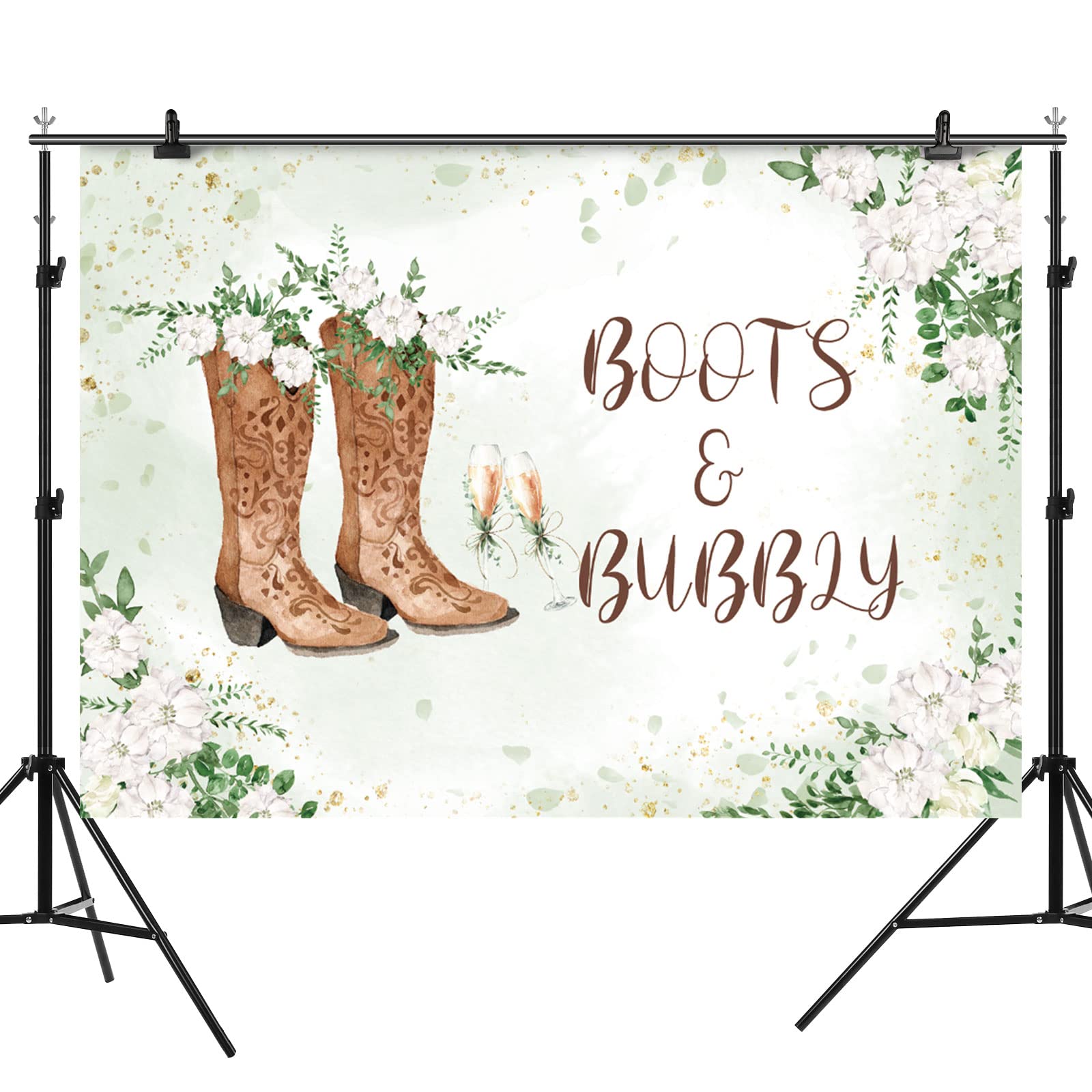 Rsuuinu Boots and Bubbly Bridal Shower Backdrop Western Leaves Flowers Wedding Photography Background Champagne Bride to Be Engagement Party Decorations Banner Supplies Favors Photo Booth Props 7x5ft