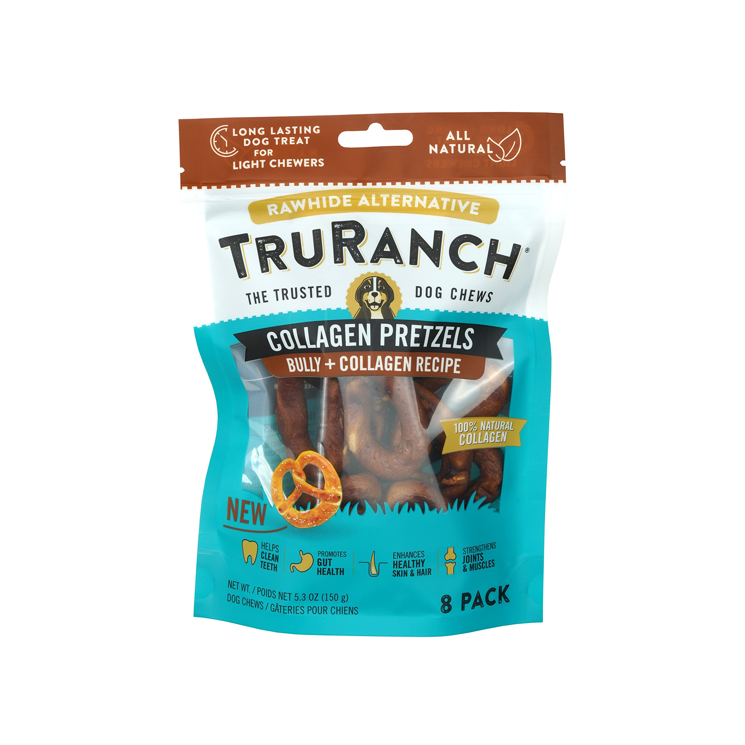 TRURANCH Collagen Pretzels, Bully, Healthy Joint Support Dog Treat, Rawhide Alternative, Skin & Coat Health, 1 Bag, 8 Count