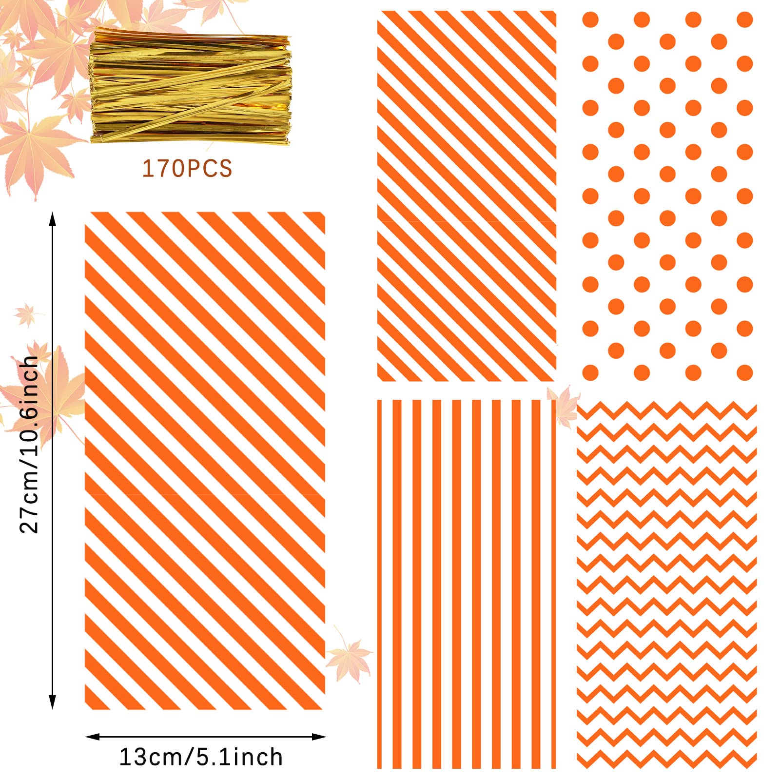 Whaline 160Pcs Fall Cellophane Treat Bags Orange Stripe Wave Dot Candy Plastic Goody Bags Autumn Cookie Snack Packing Decor with Twist Ties for Autumn Thanksgiving Birthday Party Favor, 5.1 x 10.6in