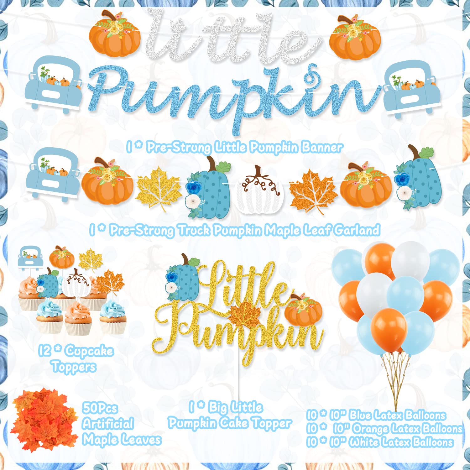 Little Pumpkin Baby Shower Decorations Boy, Blue Little Pumpkin Banner Cake Topper Pumpkin Truck Maple Leaf Garland Balloons for Boy Fall Baby Shower Little Pumpkin First Birthday Party Decorations