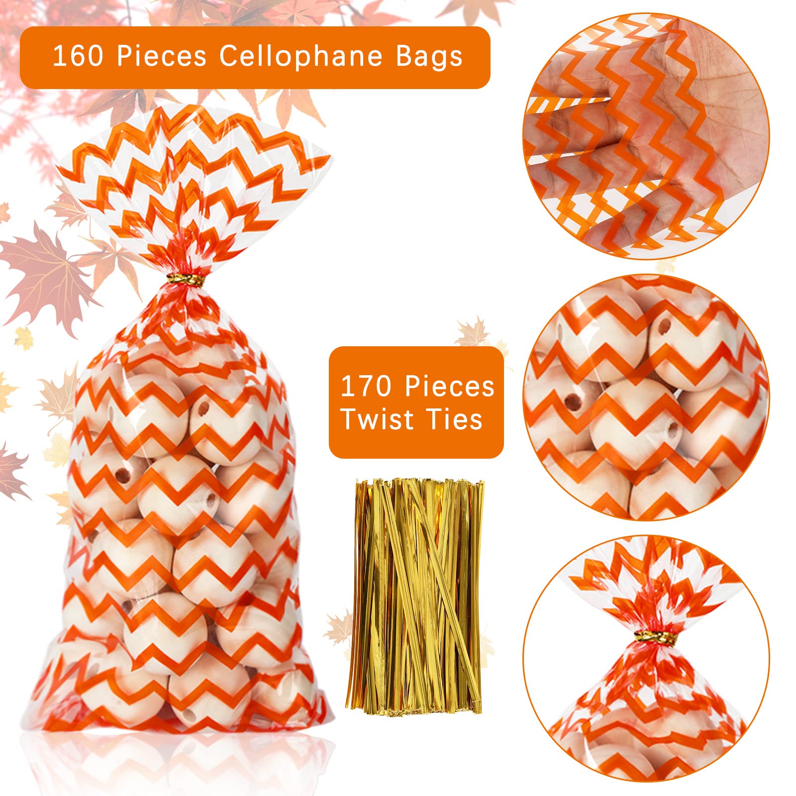 Whaline 160Pcs Fall Cellophane Treat Bags Orange Stripe Wave Dot Candy Plastic Goody Bags Autumn Cookie Snack Packing Decor with Twist Ties for Autumn Thanksgiving Birthday Party Favor, 5.1 x 10.6in