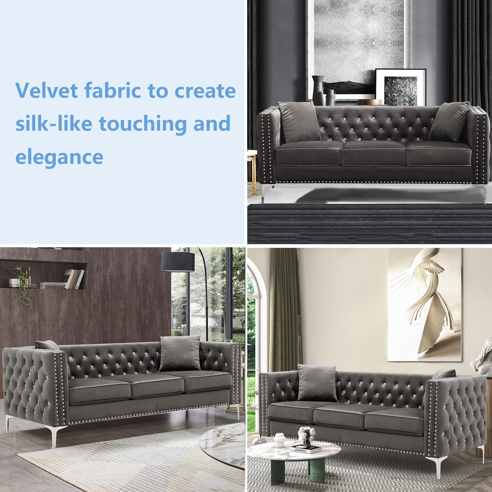 mikibama Velvet Sofa Set, Jeweled Button Tufted 3 Seater Couch and Loveseat with Nailhead Trim and 4 Pillows Square Arm Sofa with Metal Legs for Living Room (Gray)