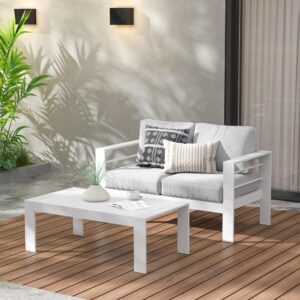 Wisteria Lane Aluminum Outdoor Furniture Patio Coffee Table, All-Weather Outdoor Metal Coffee Table, Modern Rectangle Coffee Table for Balcony, Garden, White