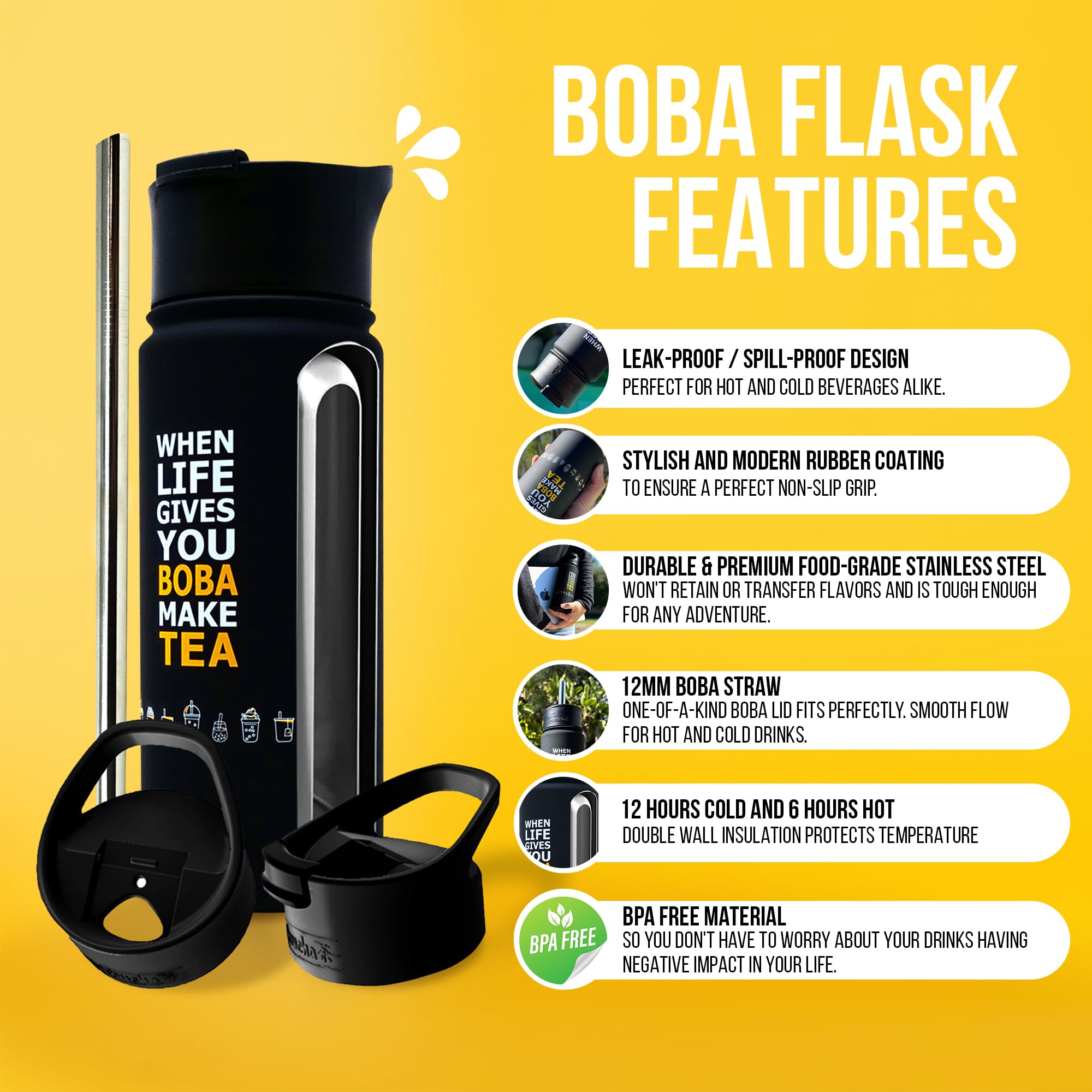 YUMBUCHA Reusable Stainless Steel Boba Tumbler with Straw - Bubble Tea Tumbler Cup for Boba Pearls or Popping Boba Pearls - Boba Kit and Tea Gifts - Durable Boba Tea Cup - Bubble Tea Kit