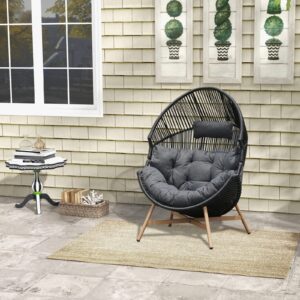 Grand patio Outdoor & Indoor Egg Chair 2PC, PE Wicker Open Weave Wood Grain Finish Oversized Egg Cocoon Chairs with Stand Lounge Chair Comfortable for Front Porch, Living Room, Bedroom (Dark Grey 2PC)