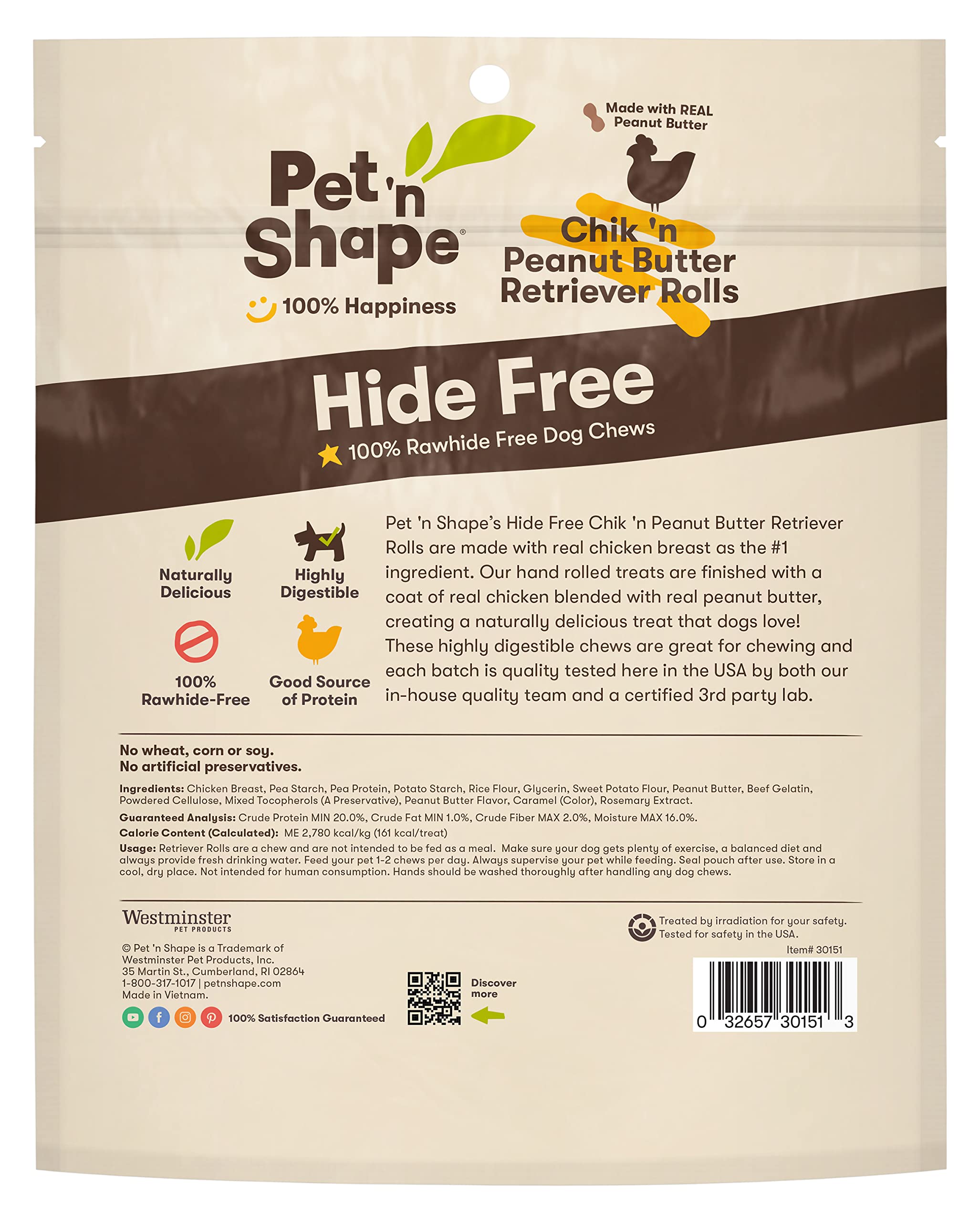 Pet 'n Shape Hide Free Chik 'n & Peanut Butter 4" Retriever Rolls, 6 Count 12.6 oz - Rawhide Free Dog Treats - No Hide Alternative Chew Treat for All Life Stages