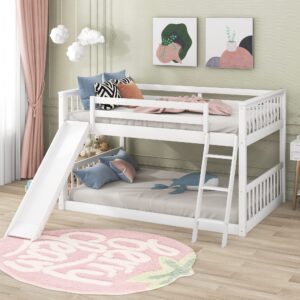 harper & bright designs kids floor bunk beds, full over full bunk bed with convertible slide and ladder, wooden low bunk bed frame for kids, toddlers, teens, no box spring needed (full, white)