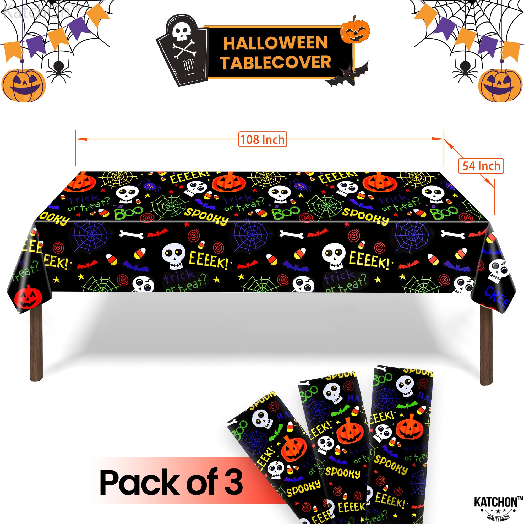 KatchOn, Halloween Tablecloth Plastic - Large 54x108 Inch, Pack of 3 | Spooky Halloween Table Cover for Halloween Table Decorations | Black Halloween Table Cloth Disposable for Halloween Decorations