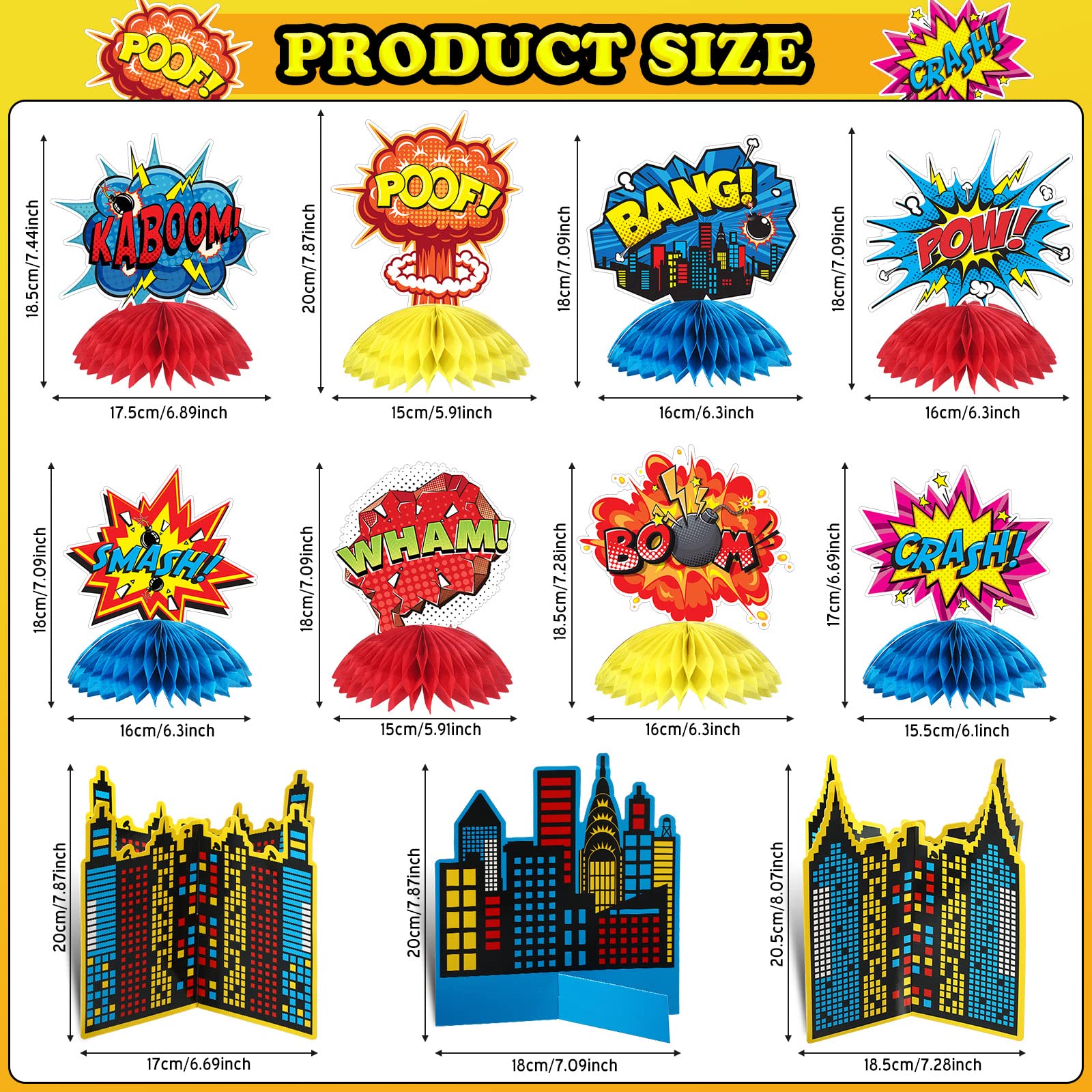 Funrous 11 Pieces Hero Party Decoration Hero Honeycomb Centerpieces 3D Hero Table Topper Paper Large Word Centerpieces Fun Hero Action Sign Standing Cards for Birthday Party Baby Shower Decor Supplies