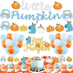 little pumpkin baby shower decorations boy, blue little pumpkin banner cake topper pumpkin truck maple leaf garland balloons for boy fall baby shower little pumpkin first birthday party decorations