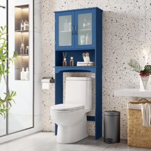 Topeakmart Over The Toilet Storage with 2-Door Tempered Glass Cabinet, Wooden Space-Saving with Toilet Rack and Inner Adjustable Shelf, L25xW9xH66, Navy Blue