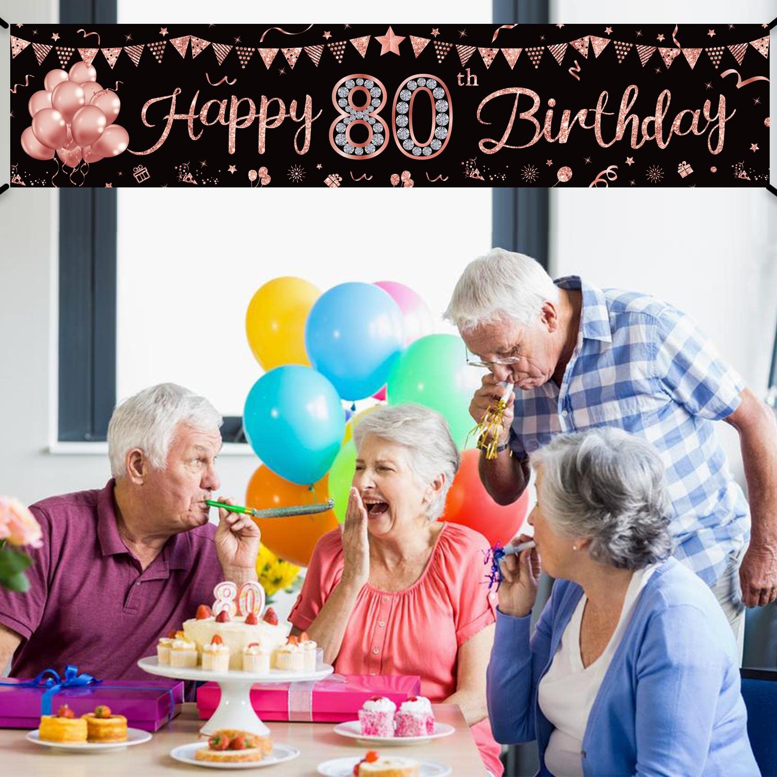 Happy 80th Birthday Banner Decorations for Women, Rose Gold 80 Birthday Sign Party Supplies, 80 year old Theme Bday Photo Poster Decor for Outdoor Indoor