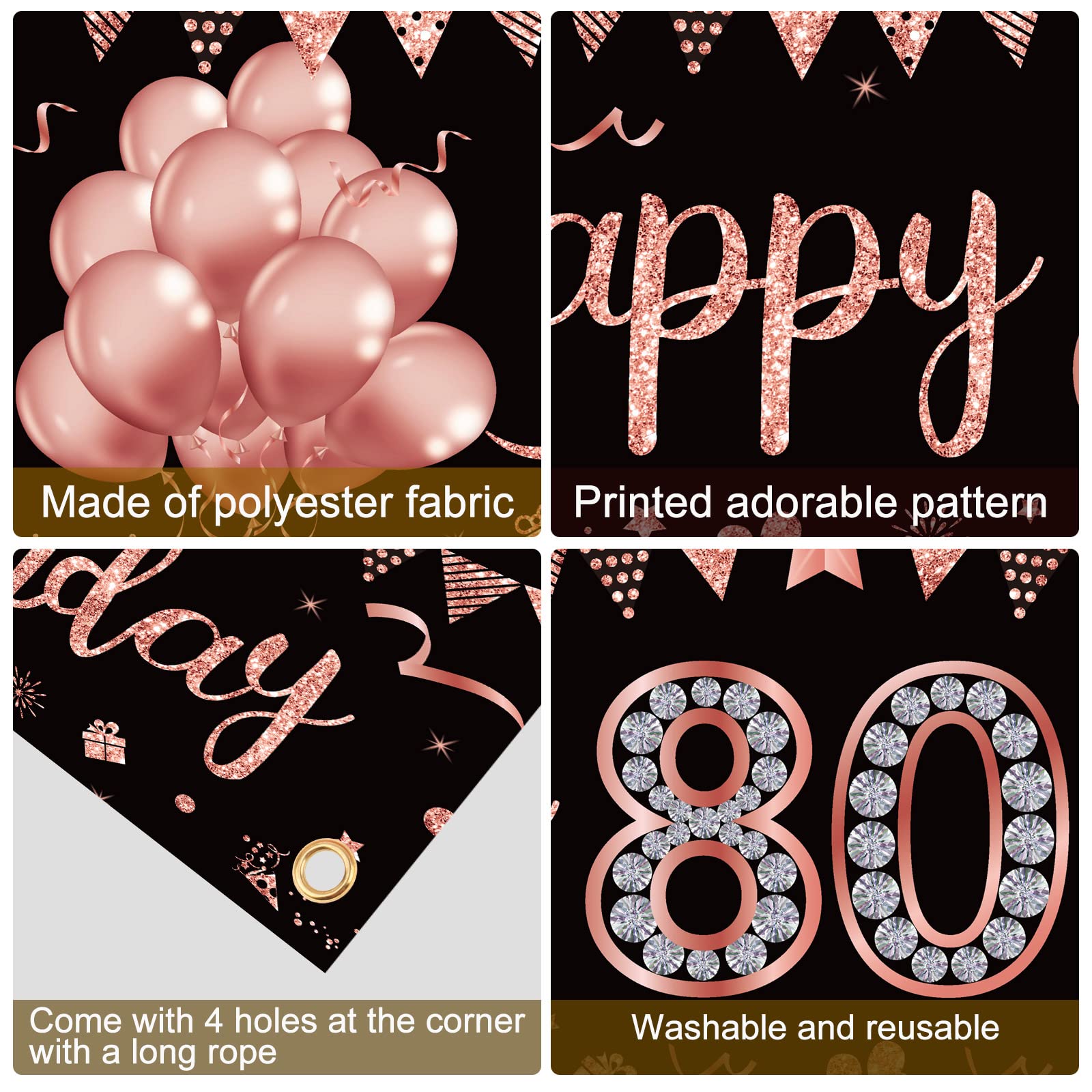 Happy 80th Birthday Banner Decorations for Women, Rose Gold 80 Birthday Sign Party Supplies, 80 year old Theme Bday Photo Poster Decor for Outdoor Indoor