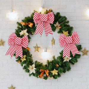 20 Pieces Candy Stripes Bow Christmas Wreath Bows Xmas Bow Candy Cane Stripes Dots Plaid Bow for Christmas Tree Garland Ribbon Door Window Outdoor Party Gift, 4.3 x 5.1 Inch (Stripe Style)