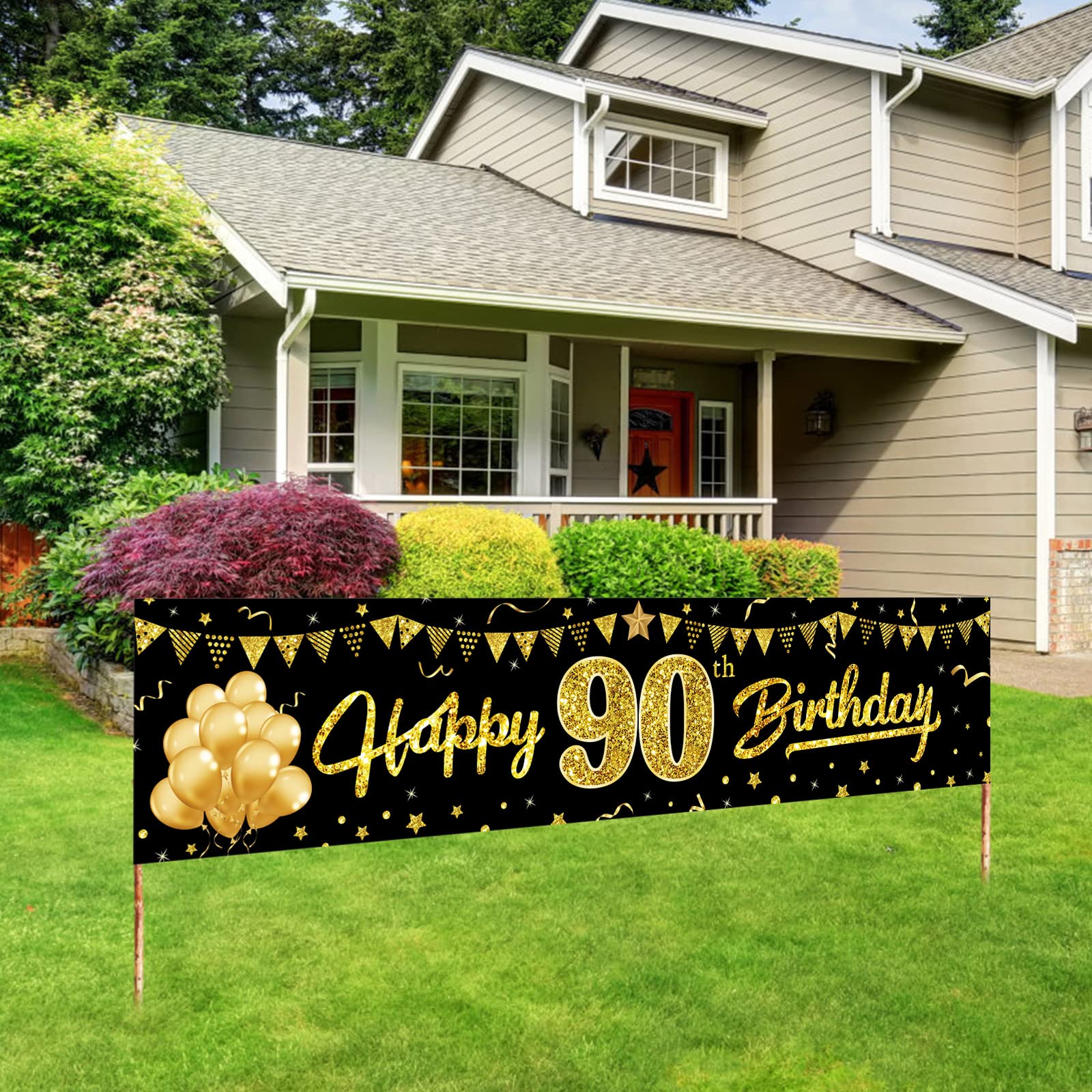 Yoaokiy Happy 90th Birthday Banner Decorations for Women Men, Black Gold 90 Birthday Yard Banner Party Supplies, 90 Year Old Bday Theme Party Sign Decor for Outdoor Indoor