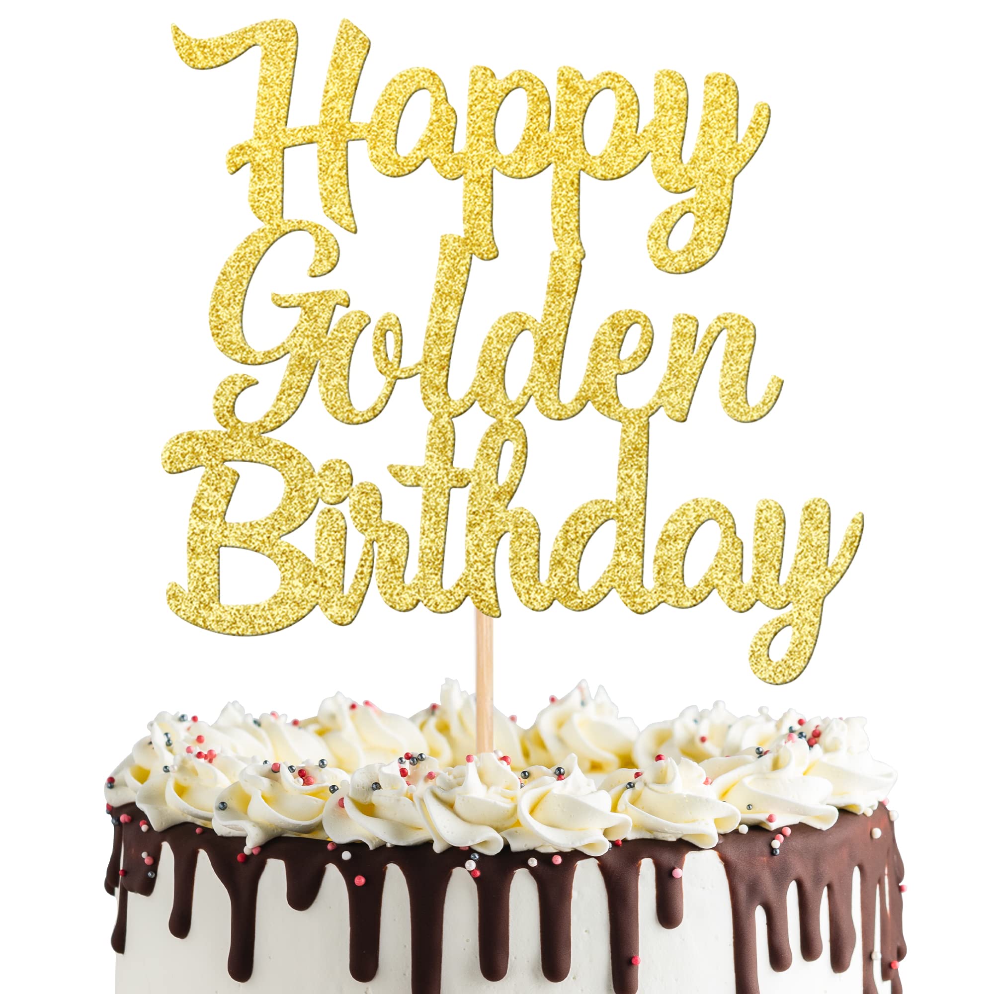 1 PCS Happy Golden Birthday Cake Topper Gold Glitter Birthday Cake Pick for Celebrating Birthday Anniversary Theme Party Cake Decorations Supplies