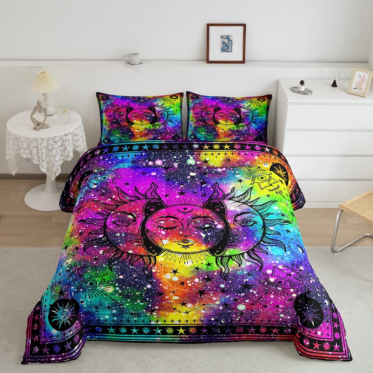 Erosebridal Bohemian Sun Moon Comforter Boho Hippie Bedding Set King 3 Piece Colorful Tie Dyed Comforter Sets Aesthetic Trippy Galaxy Duvet Set Psychedelic Mystic Stars Quilt Set for Kids Teens Adults