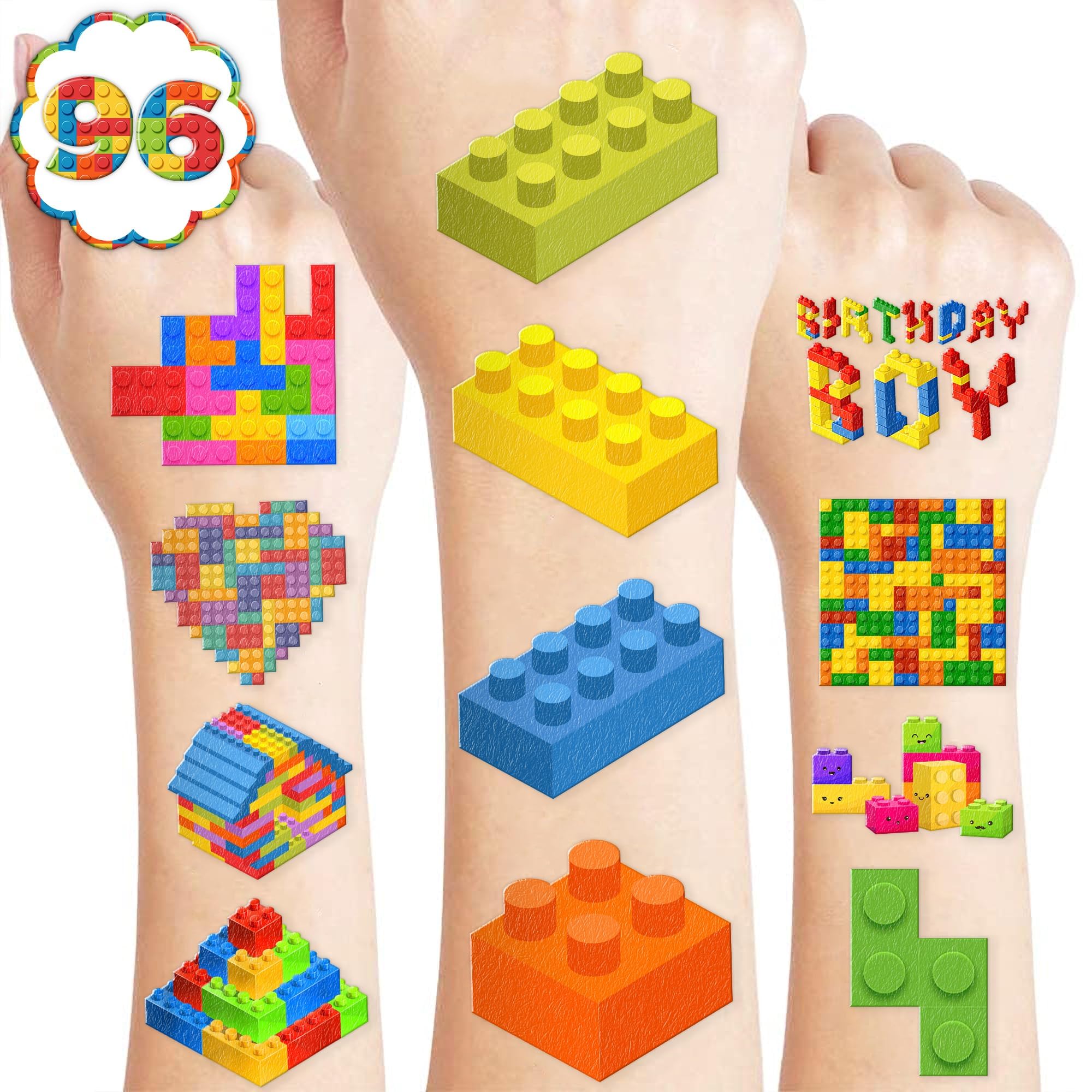 96PCS Building Block Temporary Tattoos Birthday Party Supplies Decorations Tattoos Stickers Cute Party Favors Kids Girls Boys Gifts Classroom School Prizes Themed