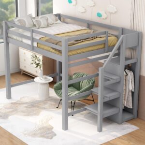 Bellemave Full Loft Bed with Stairs Wooden Loft Bed Frame with Storage Bookcase and Wardrobe Gray Loft Beds for Kids Boys Girls Teens Dorm Bedroom, Full Size