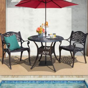 Tangkula 3 Pieces Cast Aluminum Patio Bistro Set, Outdoor Bistro Table Set with Umbrella Hole, Outdoor Patio Table and Chairs Furniture for Porch and Balcony