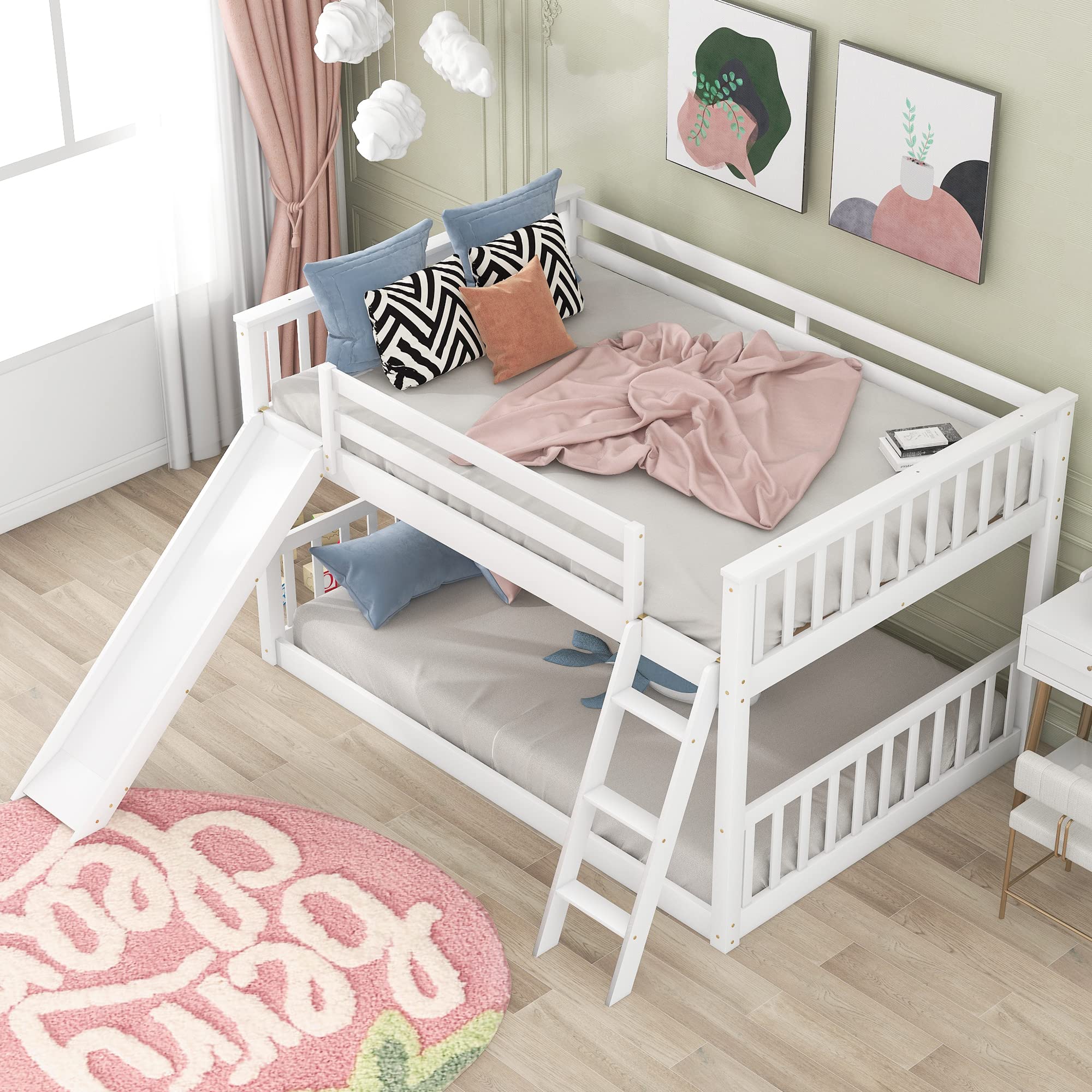 Harper & Bright Designs Kids Floor Bunk Beds, Full Over Full Bunk Bed with Convertible Slide and Ladder, Wooden Low Bunk Bed Frame for Kids, Toddlers, Teens, No Box Spring Needed (Full, White)