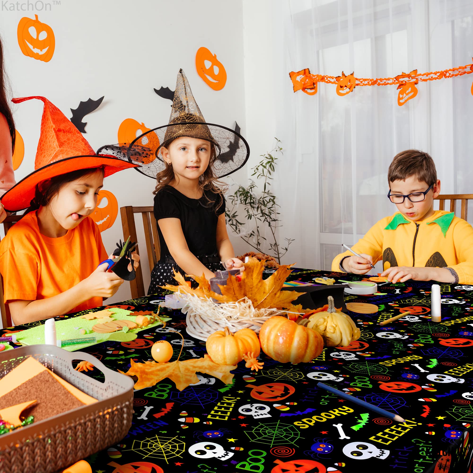 KatchOn, Halloween Tablecloth Plastic - Large 54x108 Inch, Pack of 3 | Spooky Halloween Table Cover for Halloween Table Decorations | Black Halloween Table Cloth Disposable for Halloween Decorations