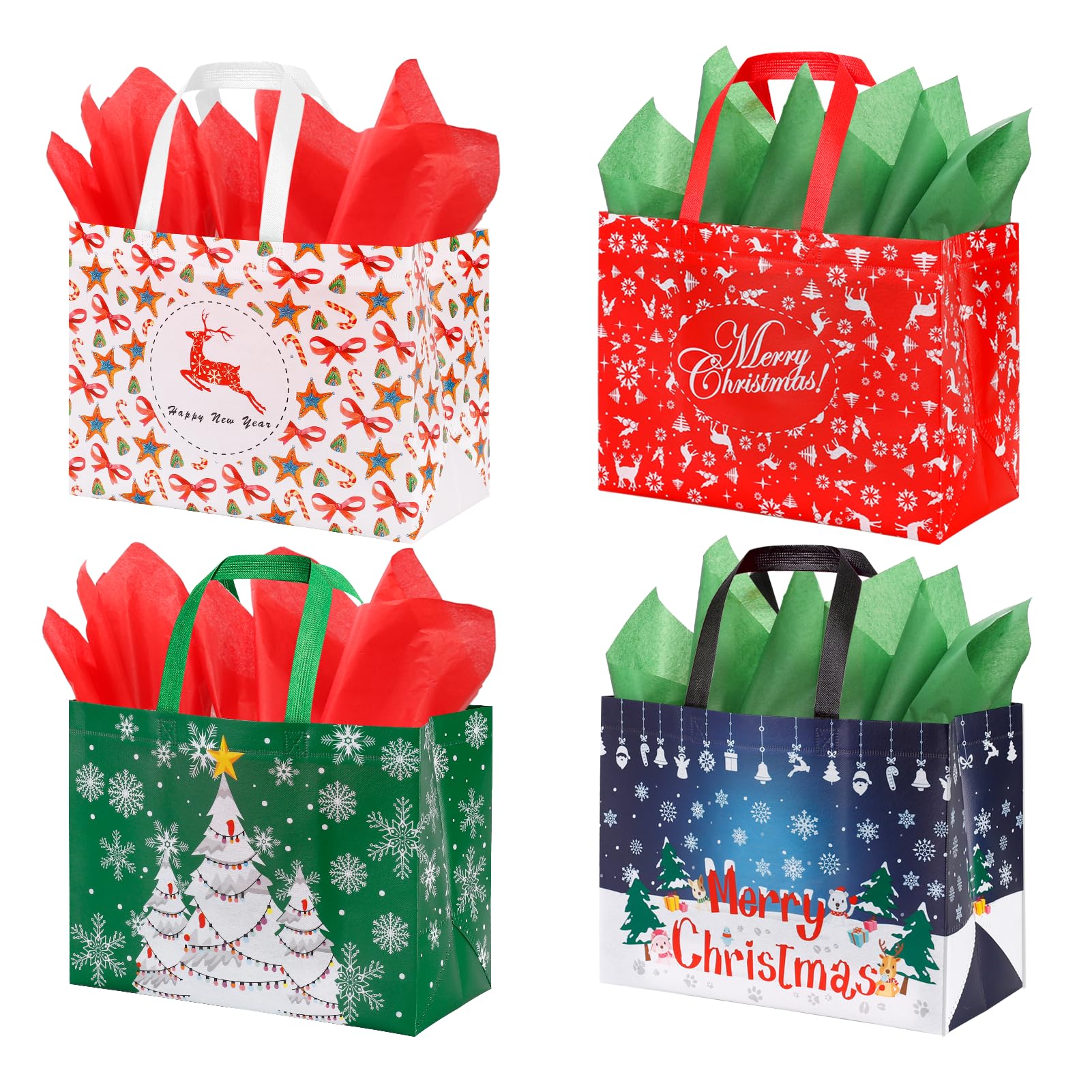 YANGTE 16 Pack Large Christmas Gift Bags with Tissue Paper, Bulk Reusable Christmas Tote Bags with Handles for Grocery Shopping Totes Xmas Event Party, 12.6" x 9.8" x 6.7"