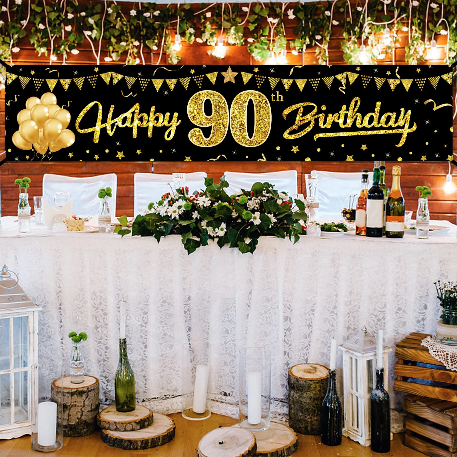 Yoaokiy Happy 90th Birthday Banner Decorations for Women Men, Black Gold 90 Birthday Yard Banner Party Supplies, 90 Year Old Bday Theme Party Sign Decor for Outdoor Indoor