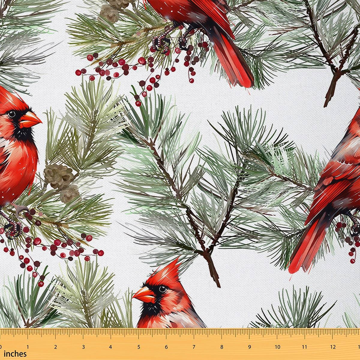 Bird Fabric by The Yard, Pine Tree Upholstery Fabric, Branches Wild Animals Botanical Decorative Fabric, Plants Berry Indoor Outdoor Fabric, Nature DIY Art Waterproof Fabric, Red Green, 1 Yard