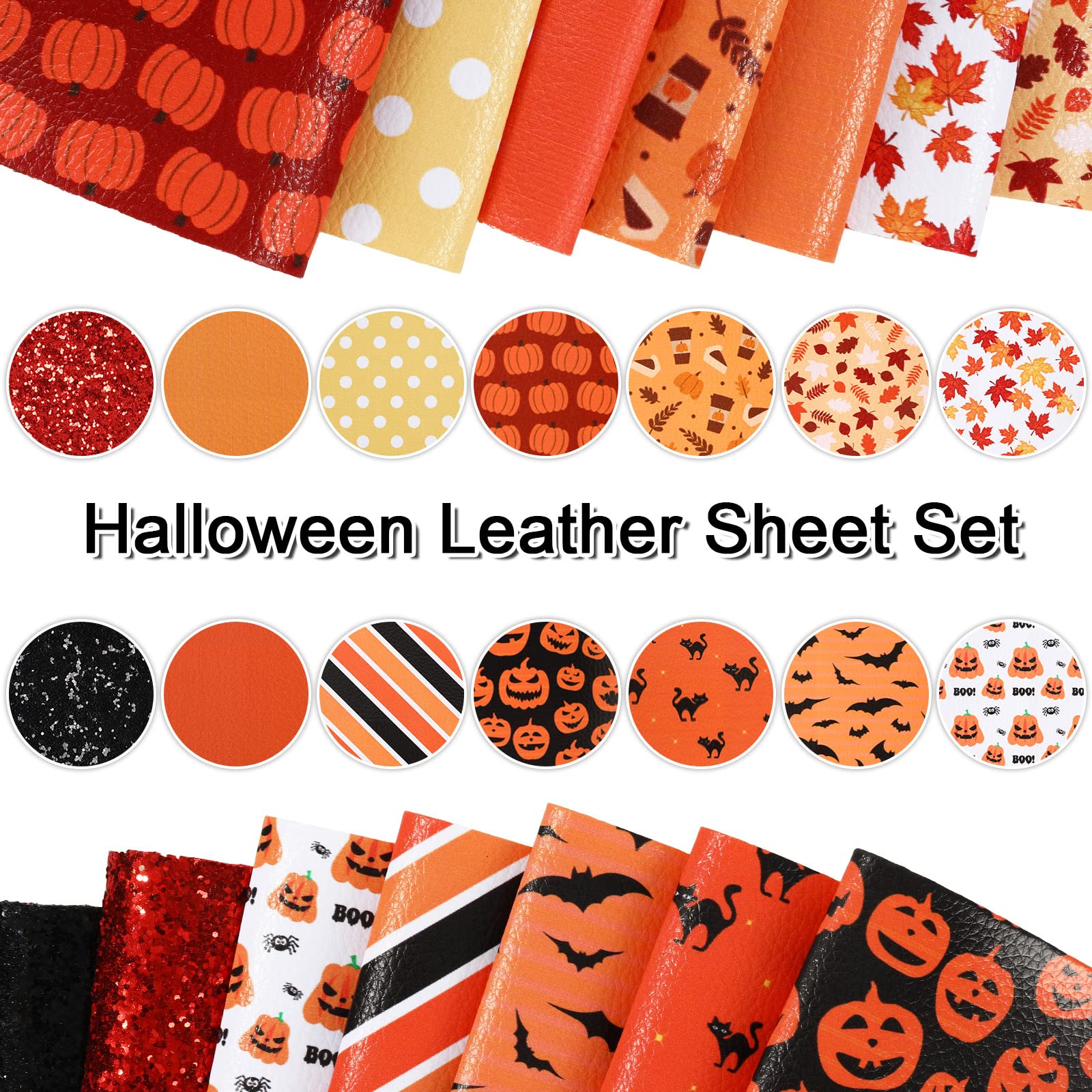 AnyDesign 14Pcs Fall Halloween Faux Leather Sheets Pumpkin Maple Leaf Black Cat Bat Stripe Dot Printed Synthetic Leather Fabric Glitter Orange Red Leather for Autumn Halloween DIY Craft, 6.3 x 8.3"