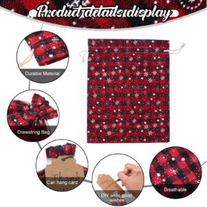 Shappy 24 Pcs Christmas Drawstring Bags Xmas Buffalo Plaid Burlap Candy Bags Linen Treat Bags with 3.28 ft Rope 24 Card (Black Red Snowflake,10 x 8 Inches)