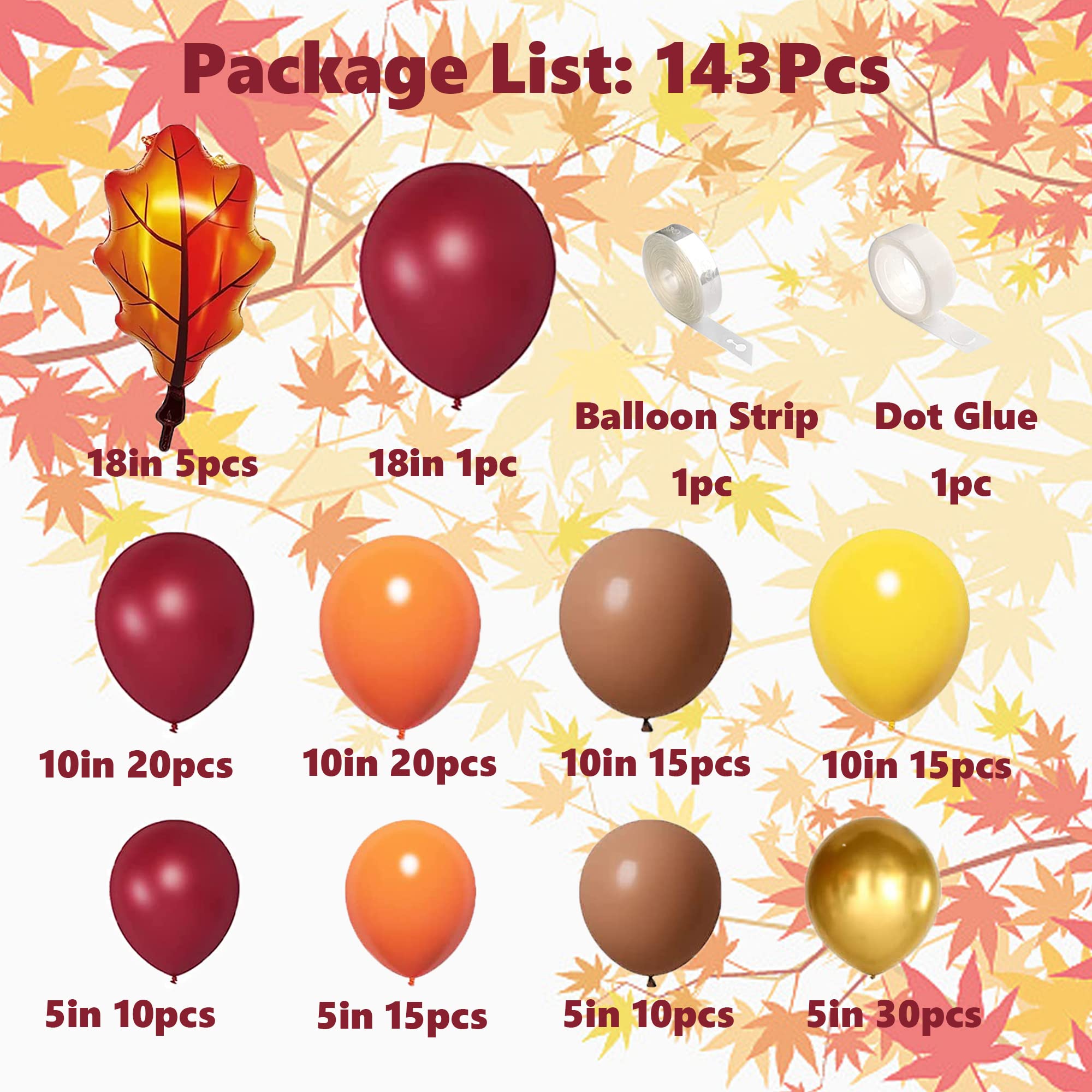 141Pcs Fall Balloon Arch Garland Kit-with Burnt Orange Burgundy Brown Yellow Gold Balloons Maple Leaves for Thanksgiving Friendsgiving Autumn Party Supplies Birthday Baby Shower Decorations